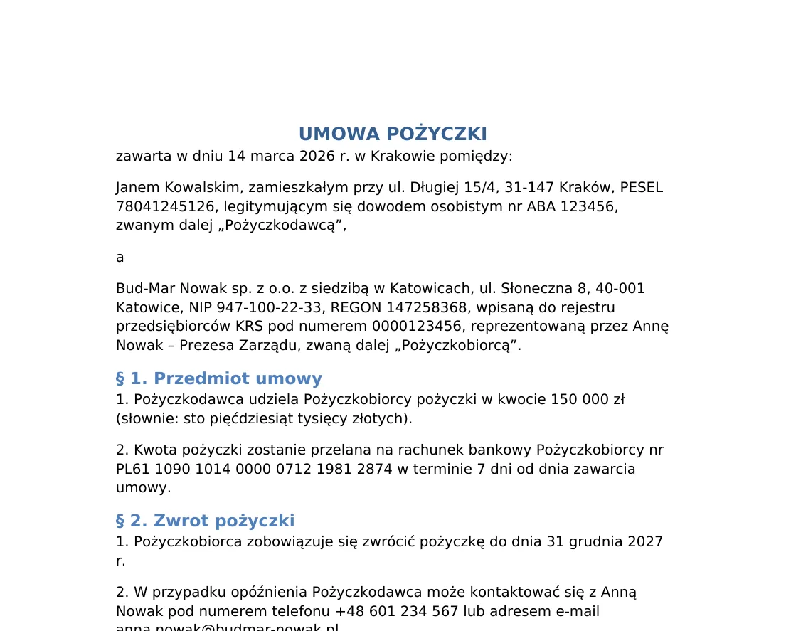 Fragment oryginalnej umowy w PDF z danymi stron.