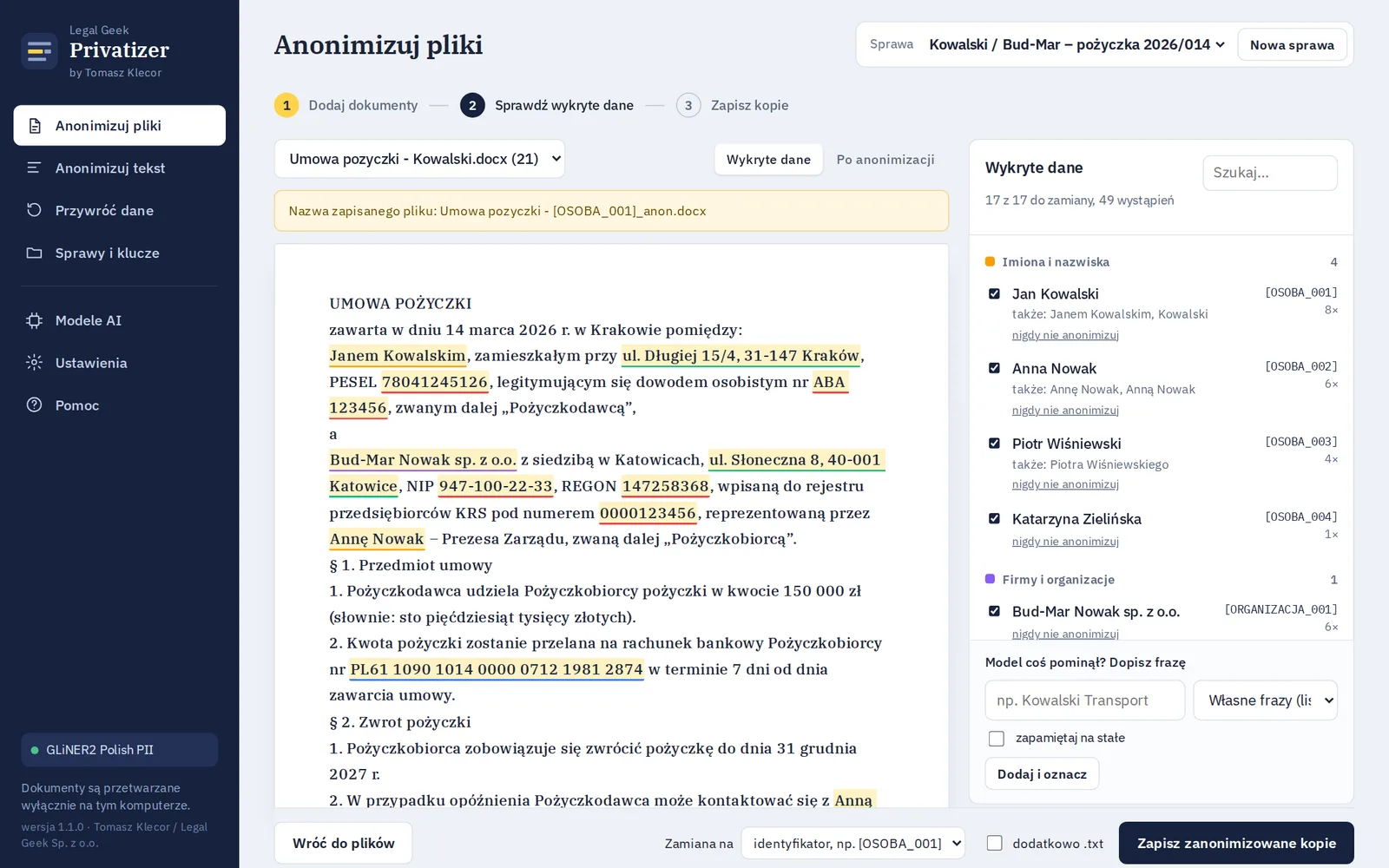 Ekran przeglądu: dokument z zaznaczonymi danymi i lista wykrytych osób z identyfikatorami OSOBA_001 do OSOBA_004.